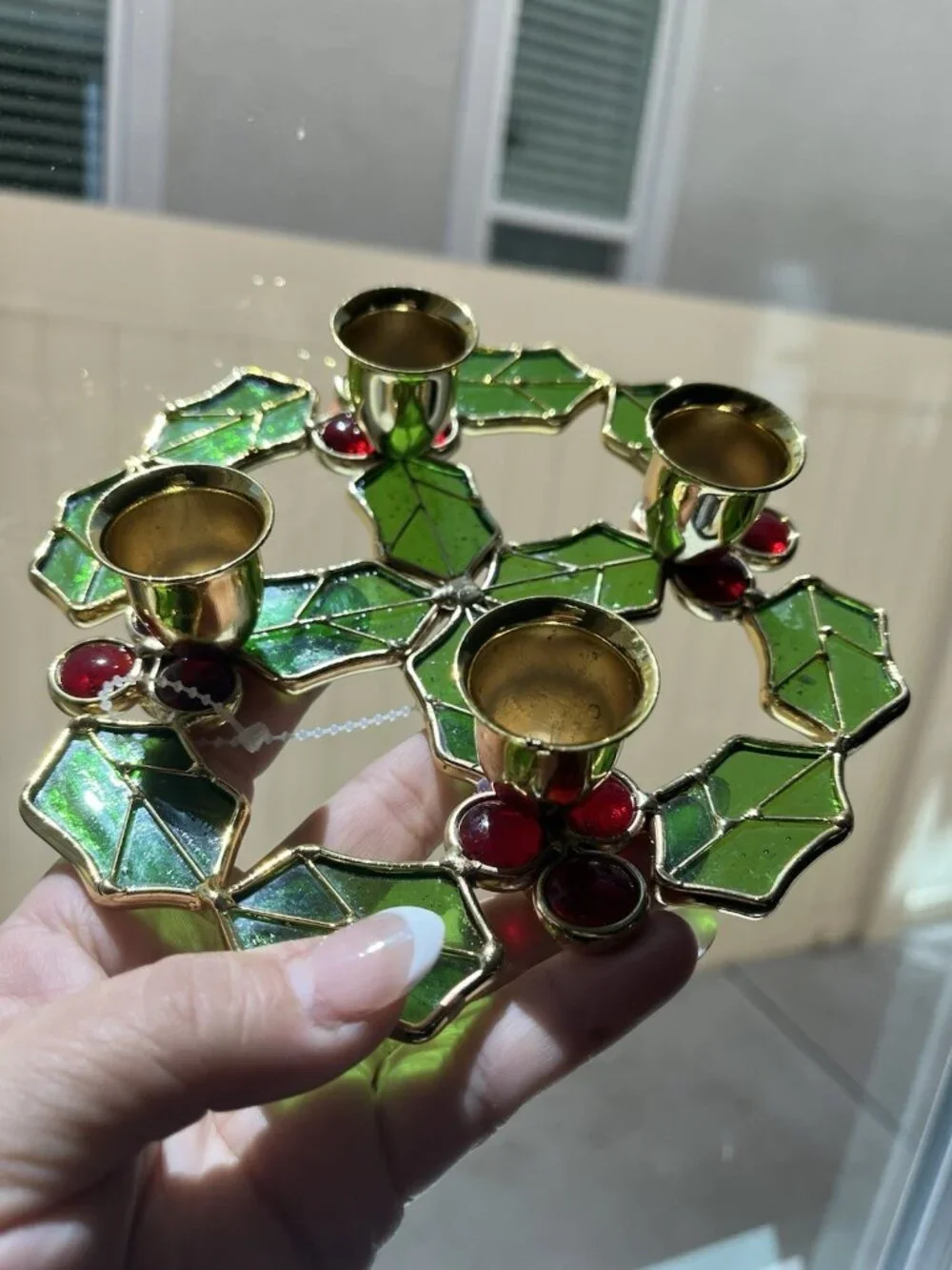 Leaded Stained Glass Holly & Berries Candle Holder Wreath Tabletop Christmas